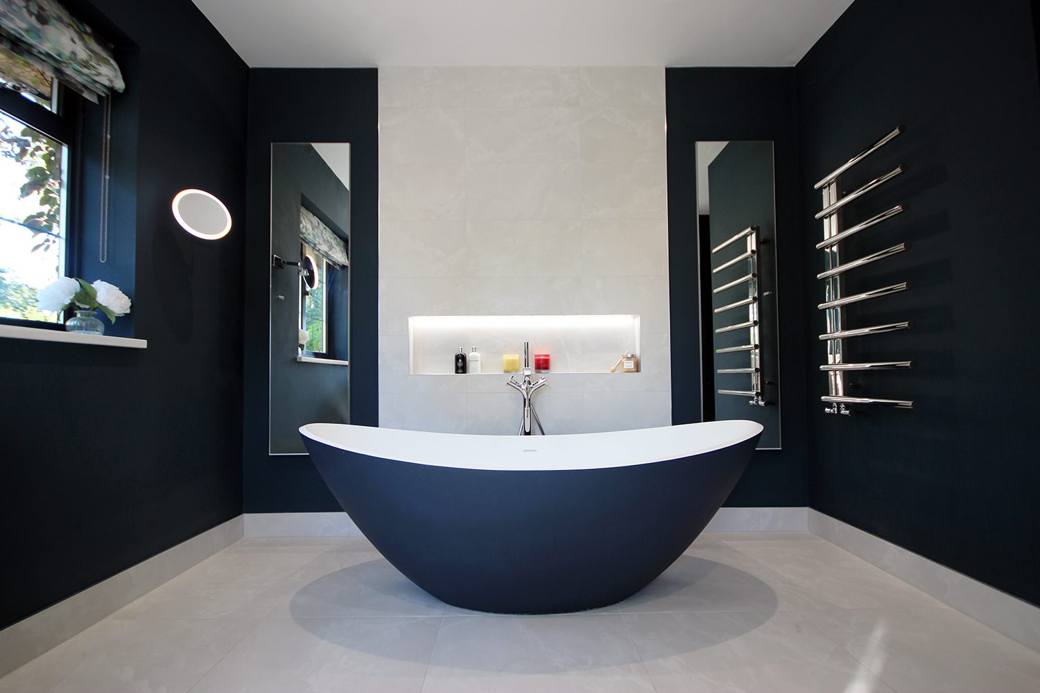 6. The showstopper. The Breeze natural stone freestanding bath from Waters Baths of Ashbourne. Painted Hague Blue from Farrow & Ball.