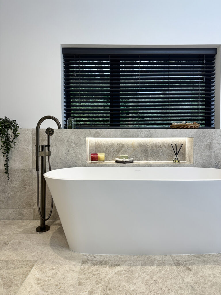 Silver grey limestone bathroom with hansgrohe AXOR brushed black chrome (3)