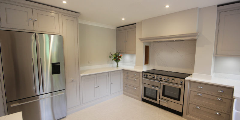 Our client chose this Professional Plus 110 Induction range from rangemaster and a Fisher and Paykel French door style fridge freezer both in stainless steel.