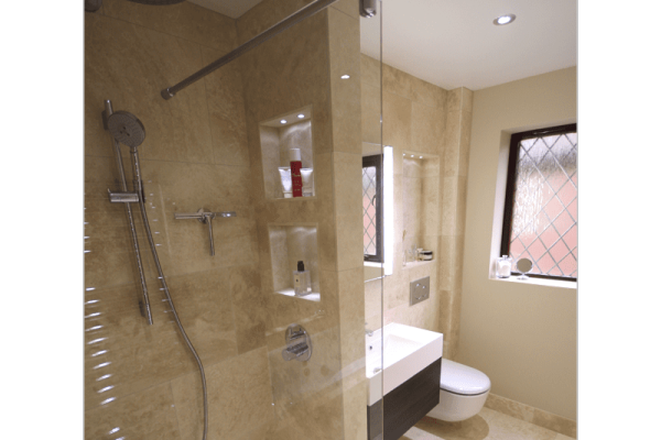 Main bathroom with steam shower and whirlpool bath